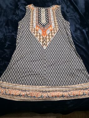 Women's Navy and Orange Sleeveless Patterned Summer Dress